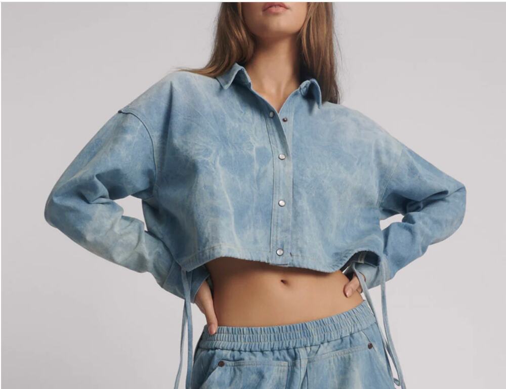 One Teaspoon Cloudy Blue Denim Bubble Shirt Sm Cropped Tie Dye Jacket NWT